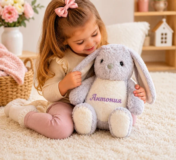 Персонализирана плюшена играчка зайче за гушкане и игра
